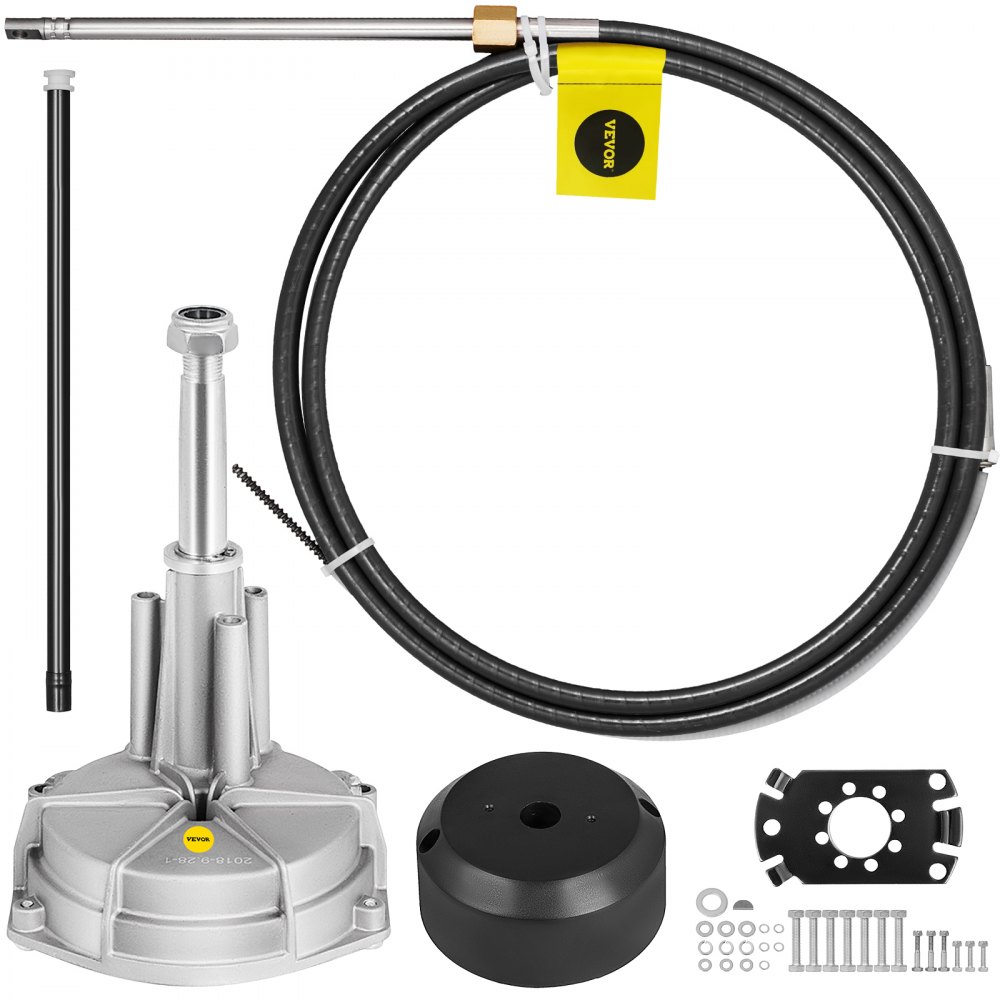 Componentes del kit de dirección de barco VEVOR que incluyen timón, cable y hardware de montaje.