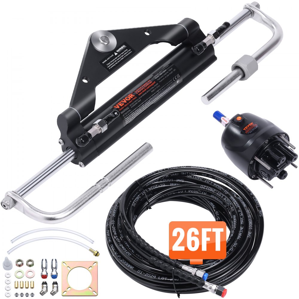 Kit de dirección hidráulica VEVOR con cable de 26 pies, cilindro, timón y varios accesorios.