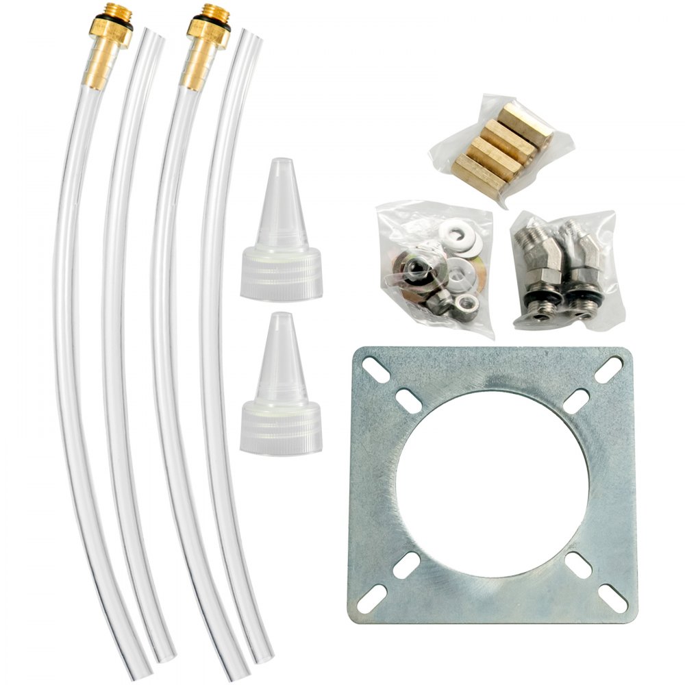 Componentes del kit de dirección hidráulica VEVOR que incluyen mangueras, accesorios y placa de montaje.