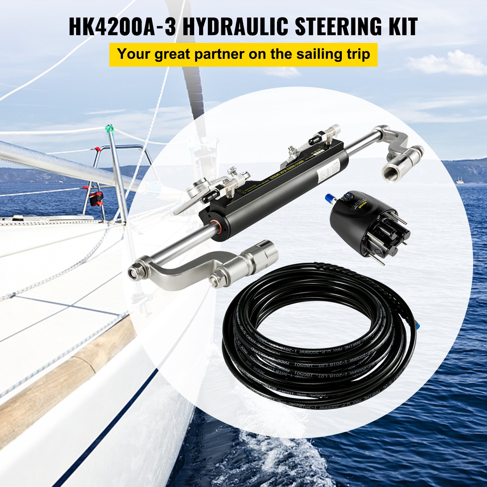 hk4200a-3 Kit de dirección hidráulica VEVOR con fondo de velero y componentes.