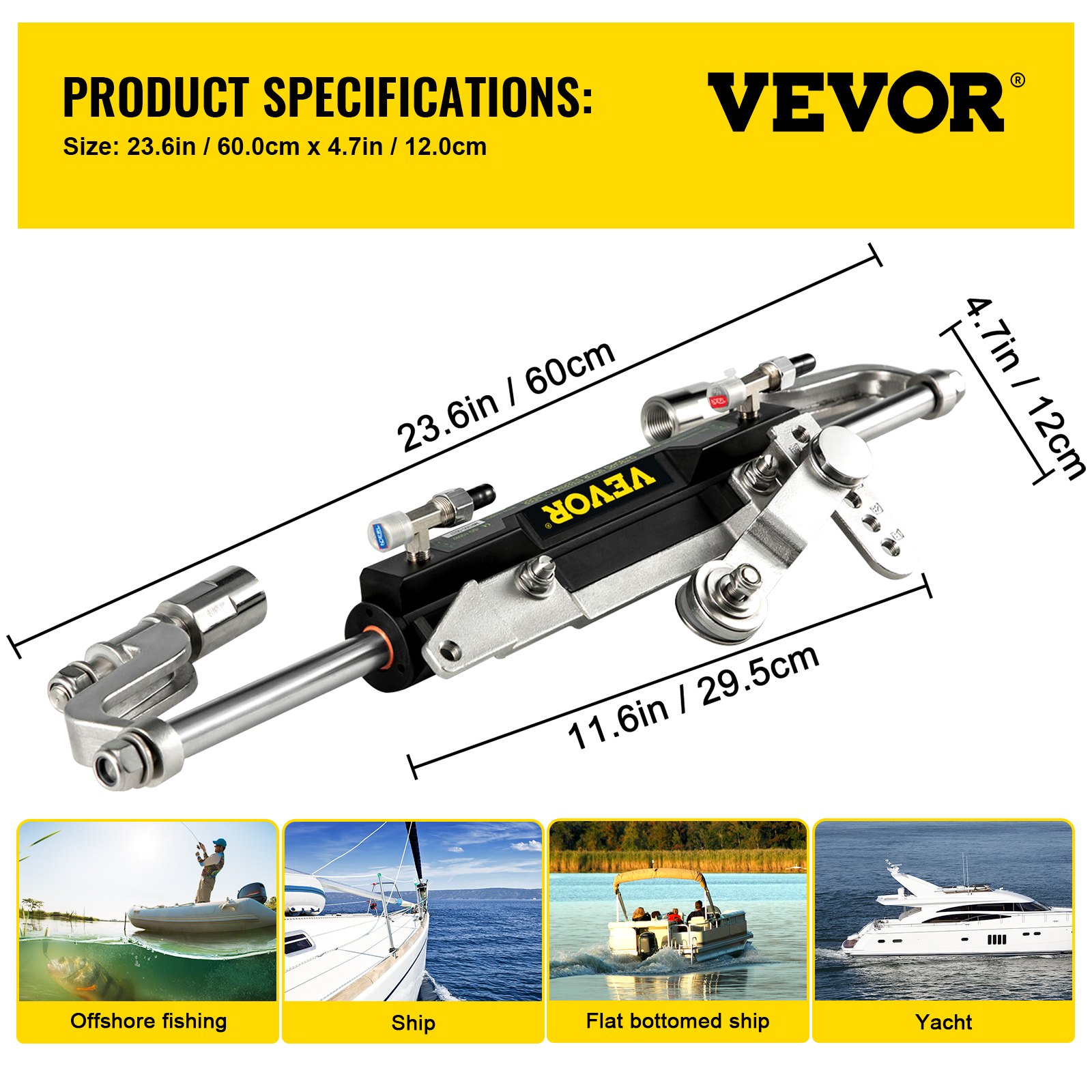 Kit de dirección hidráulica VEVOR con especificaciones y tipos de embarcaciones compatibles.
