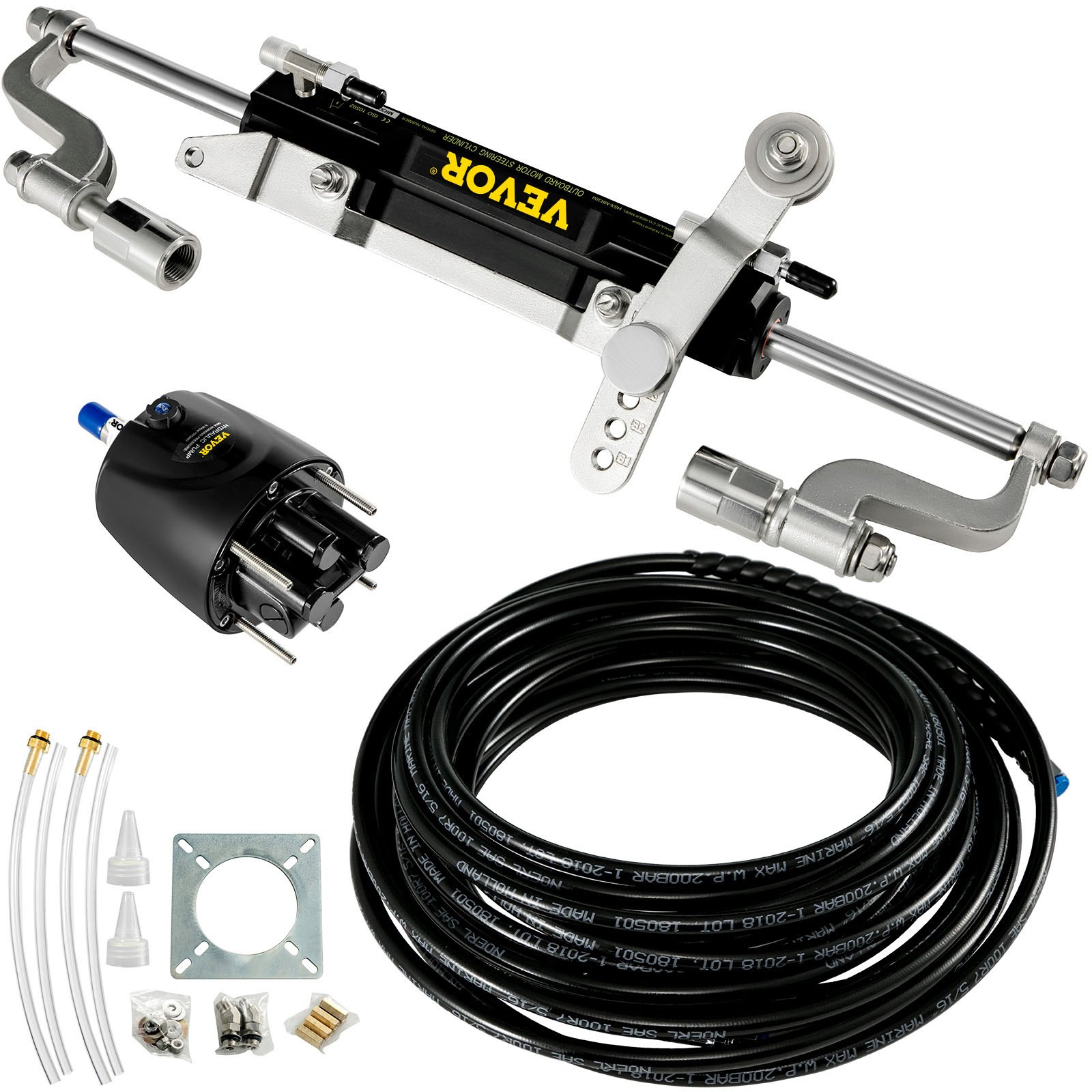 Kit de dirección hidráulica VEVOR con cables, accesorios y cilindro de dirección.