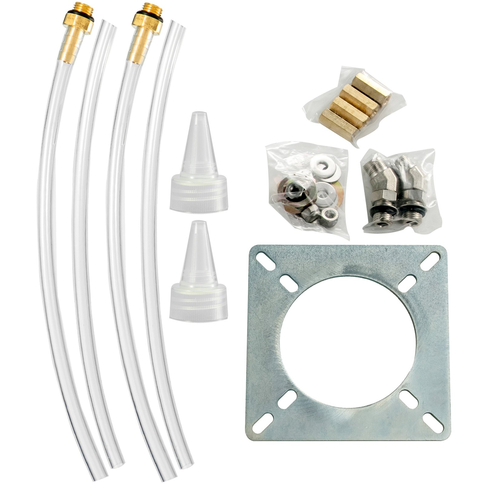 Componentes del kit de dirección hidráulica VEVOR que incluyen mangueras, accesorios y placa de montaje.