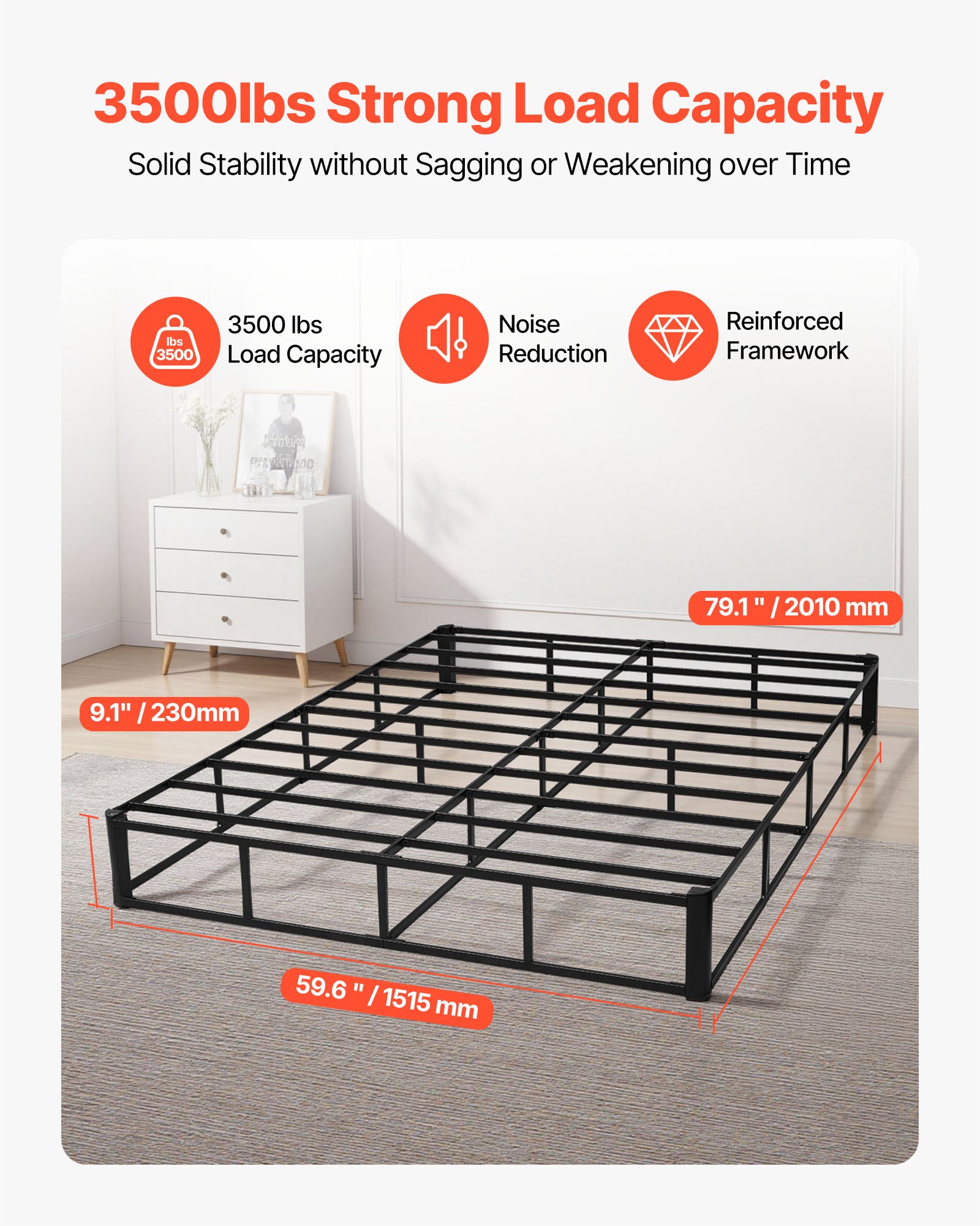 VEVOR Somier para Cama Tamaño de 2010 x 230 x 1515 mm, Soporte para Colchón, Capacidad de Carga de 1587 kg, Reducción de Ruido, con Cubierta de Tela, Marco de Metal, Protección de Rincones Redondeados