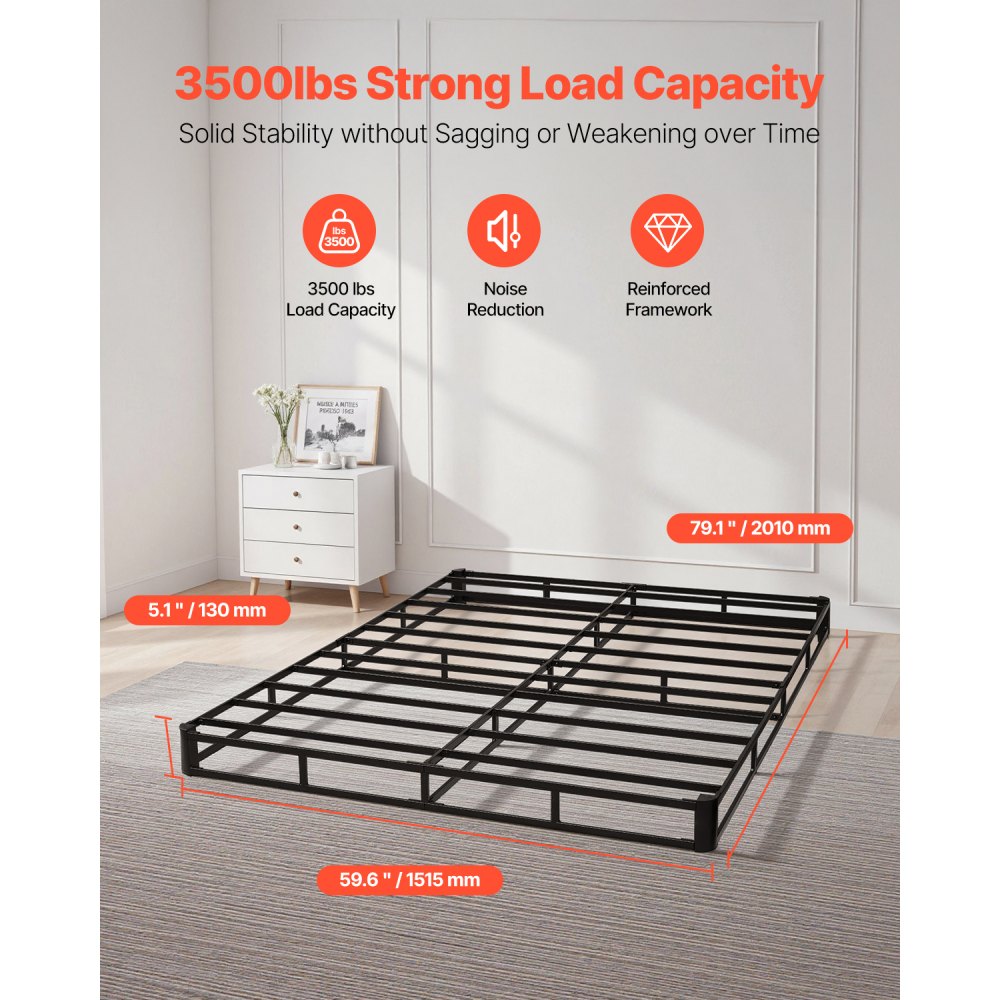 VEVOR Somier Tamaño Queen con Tela Lavable, Estructura de Cama Tamaño Queen Estructura de Metal Resistente 2010 x 1515 x 130 mm, Base de Colchón de Capacidad Máxima de 1587,57 kg Fácil Instalar