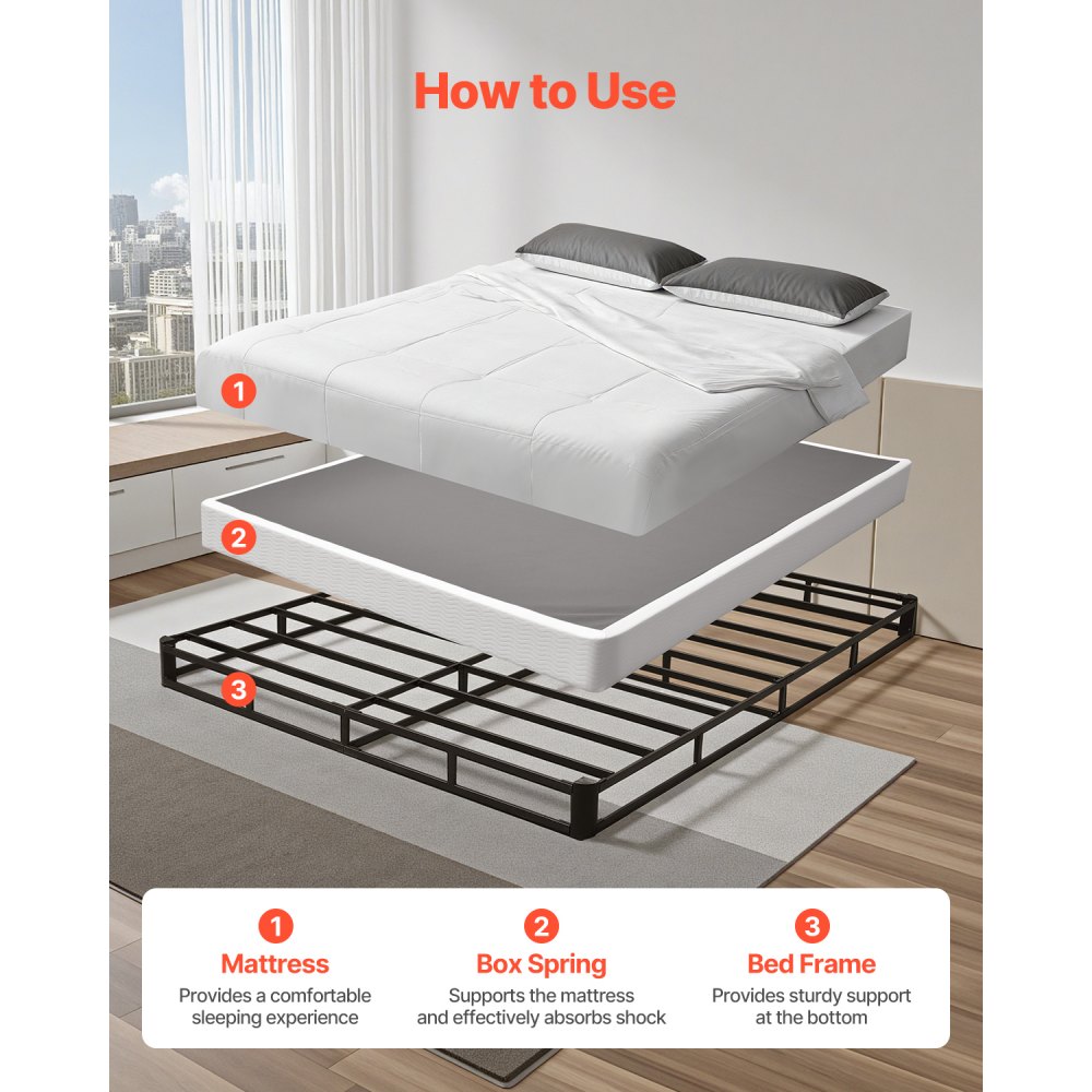 VEVOR Somier Tamaño Queen con Tela Lavable, Estructura de Cama Tamaño Queen Estructura de Metal Resistente 2010 x 1515 x 130 mm, Base de Colchón de Capacidad Máxima de 1587,57 kg Fácil Instalar