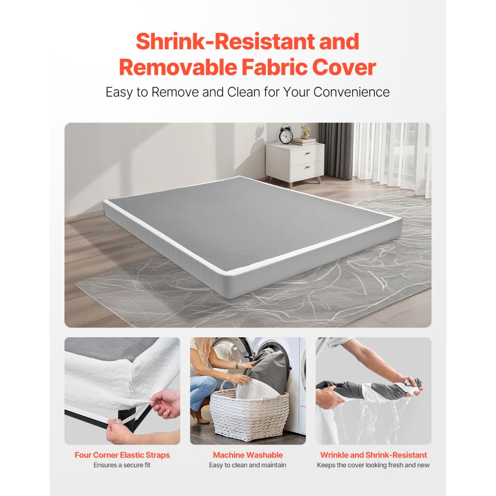 VEVOR Somier Tamaño Queen con Tela Lavable, Estructura de Cama Tamaño Queen Estructura de Metal Resistente 2010 x 1515 x 130 mm, Base de Colchón de Capacidad Máxima de 1587,57 kg Fácil Instalar