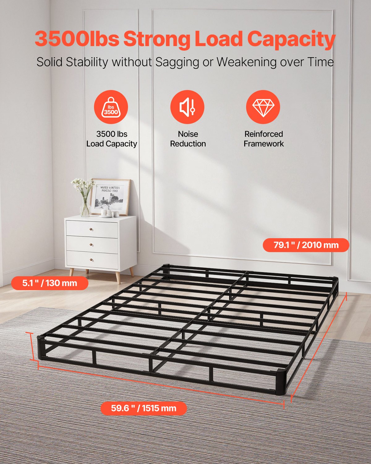 VEVOR Somier Tamaño Queen con Tela Lavable, Estructura de Cama Tamaño Queen Estructura de Metal Resistente 2010 x 1515 x 130 mm, Base de Colchón de Capacidad Máxima de 1587,57 kg Fácil Instalar