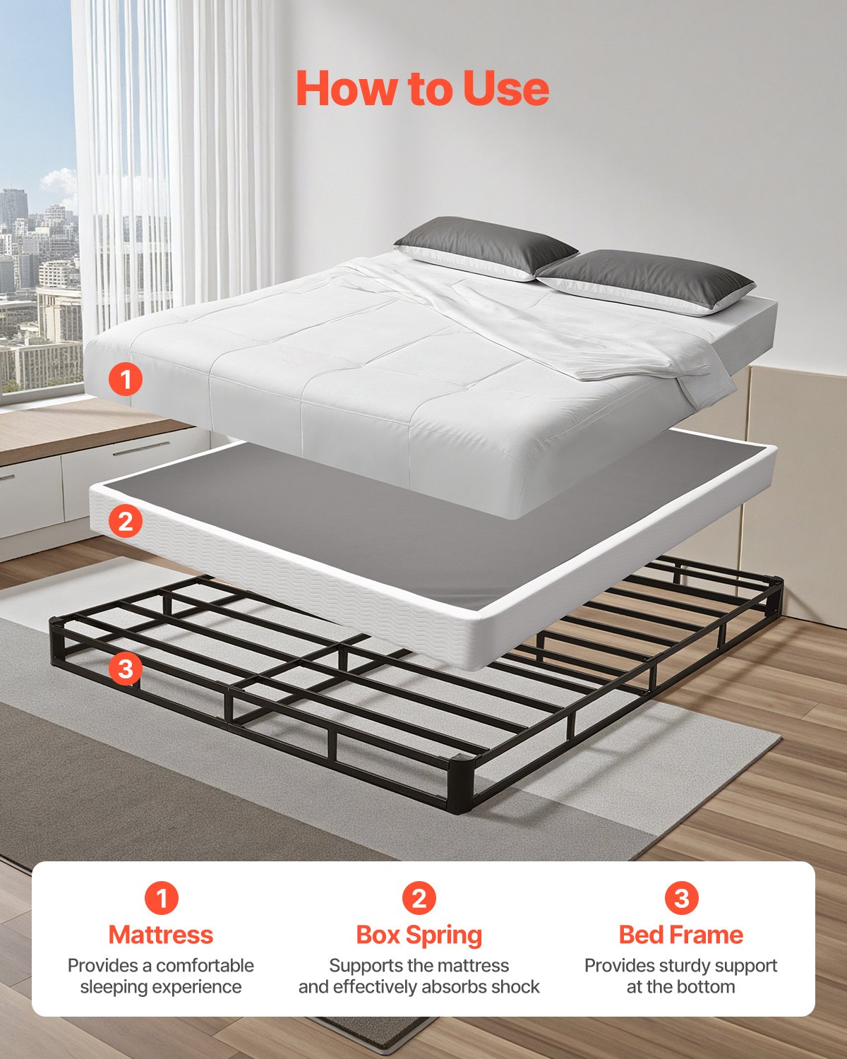 VEVOR Somier Tamaño Queen con Tela Lavable, Estructura de Cama Tamaño Queen Estructura de Metal Resistente 2010 x 1515 x 130 mm, Base de Colchón de Capacidad Máxima de 1587,57 kg Fácil Instalar