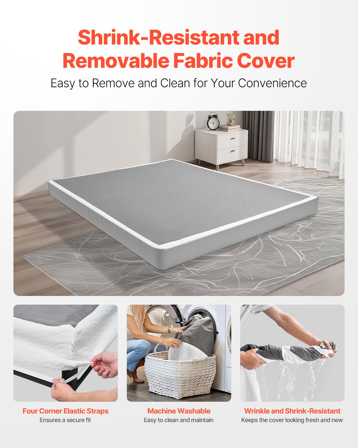 VEVOR Somier Tamaño Queen con Tela Lavable, Estructura de Cama Tamaño Queen Estructura de Metal Resistente 2010 x 1515 x 130 mm, Base de Colchón de Capacidad Máxima de 1587,57 kg Fácil Instalar