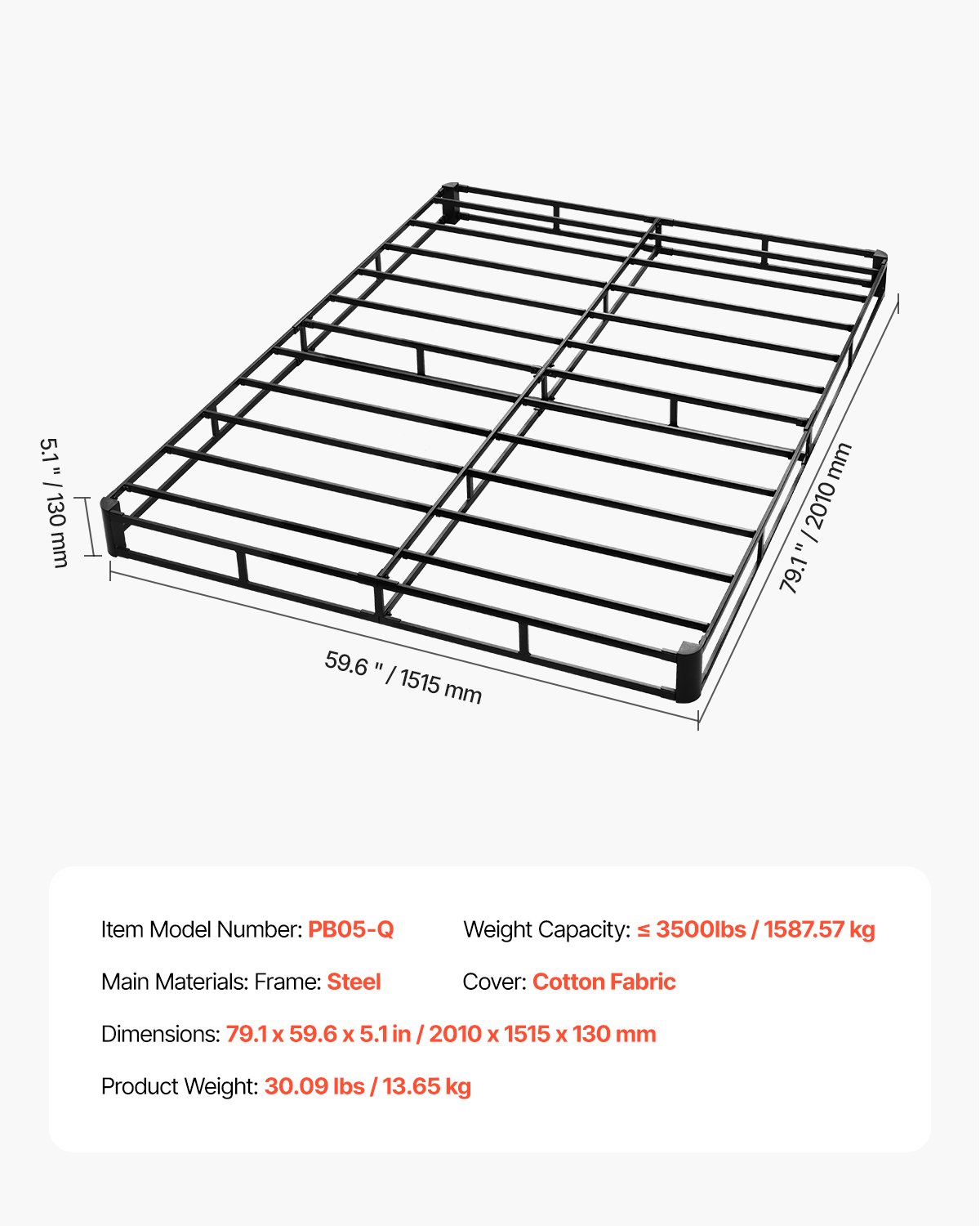 VEVOR Somier Tamaño Queen con Tela Lavable, Estructura de Cama Tamaño Queen Estructura de Metal Resistente 2010 x 1515 x 130 mm, Base de Colchón de Capacidad Máxima de 1587,57 kg Fácil Instalar