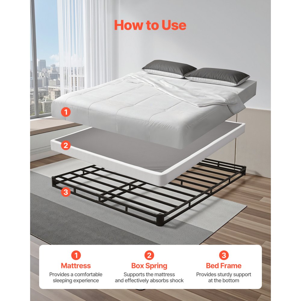 VEVOR Somier Tamaño Queen con Tela Lavable, Estructura de Cama Tamaño Queen Estructura de Metal Resistente 2010 x 1510 x 102 mm, Base de Colchón de Capacidad Máxima de 1587,57 kg Fácil Instalar