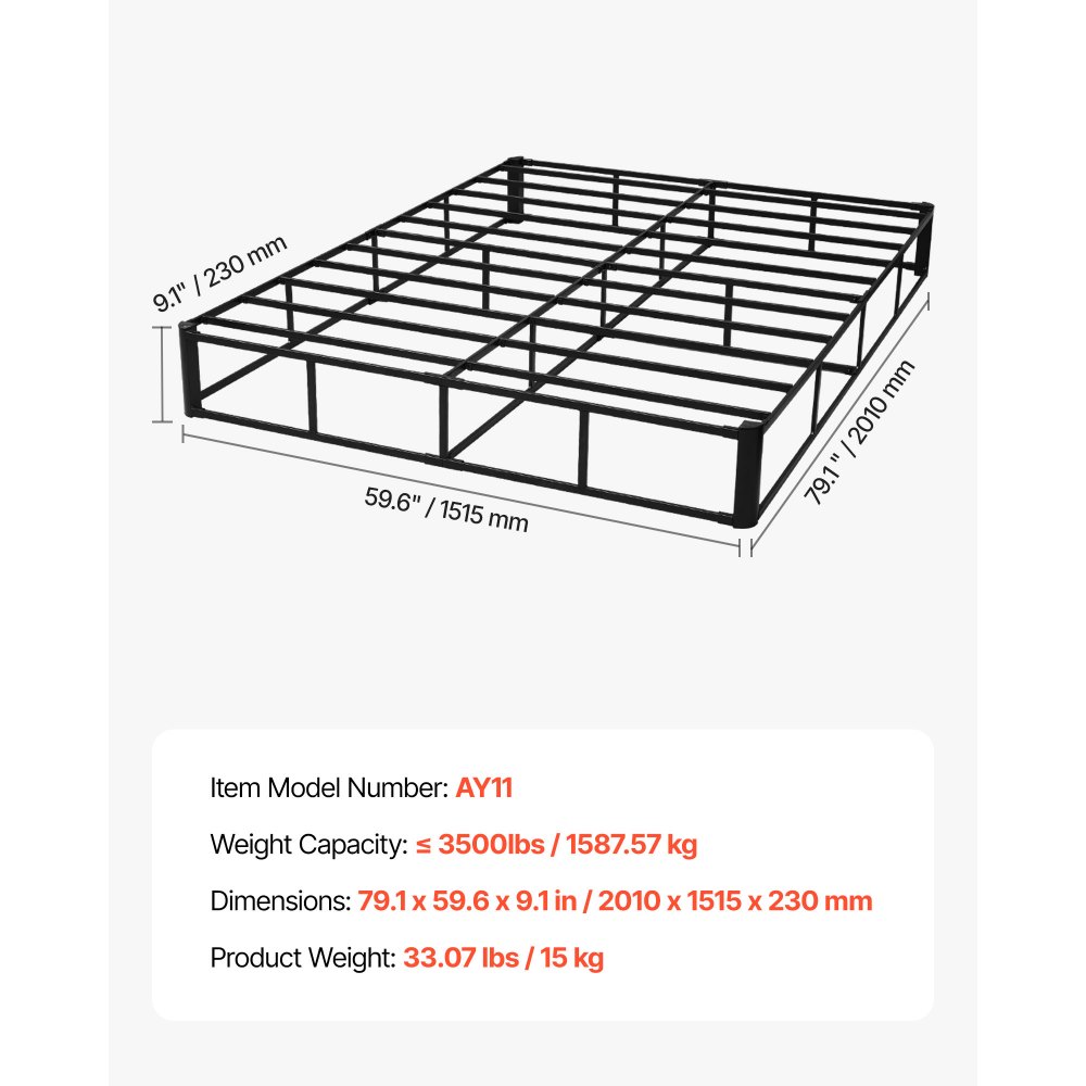 VEVOR Somier Tamaño Queen con Tela Lavable, Estructura de Cama Tamaño Queen Estructura de Metal Resistente 2010 x 1515 x 230 mm, Base de Colchón de Capacidad Máxima de 1587,57 kg Fácil Instalar