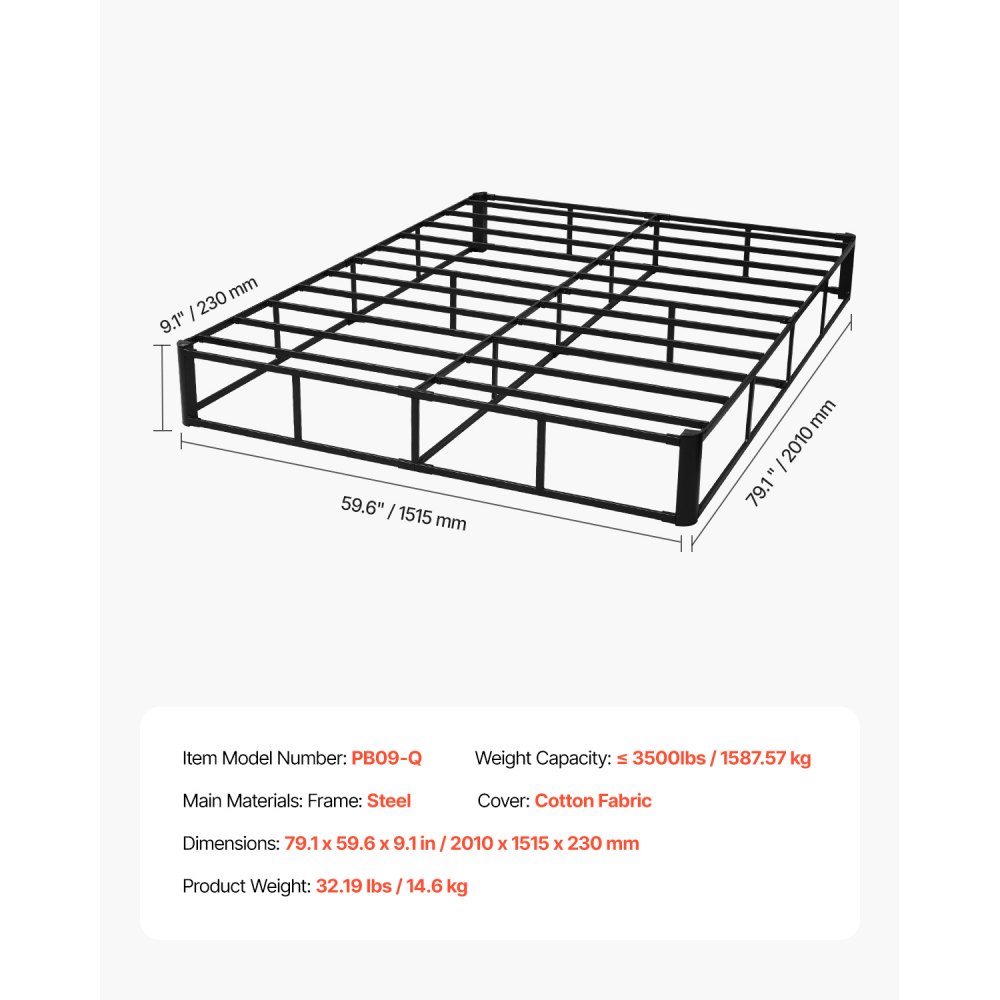 VEVOR Somier Tamaño Queen con Tela Lavable, Estructura de Cama Tamaño Queen Estructura de Metal Resistente 2010 x 1515 x 230 mm, Base de Colchón de Capacidad Máxima de 1587,57 kg Fácil Instalar