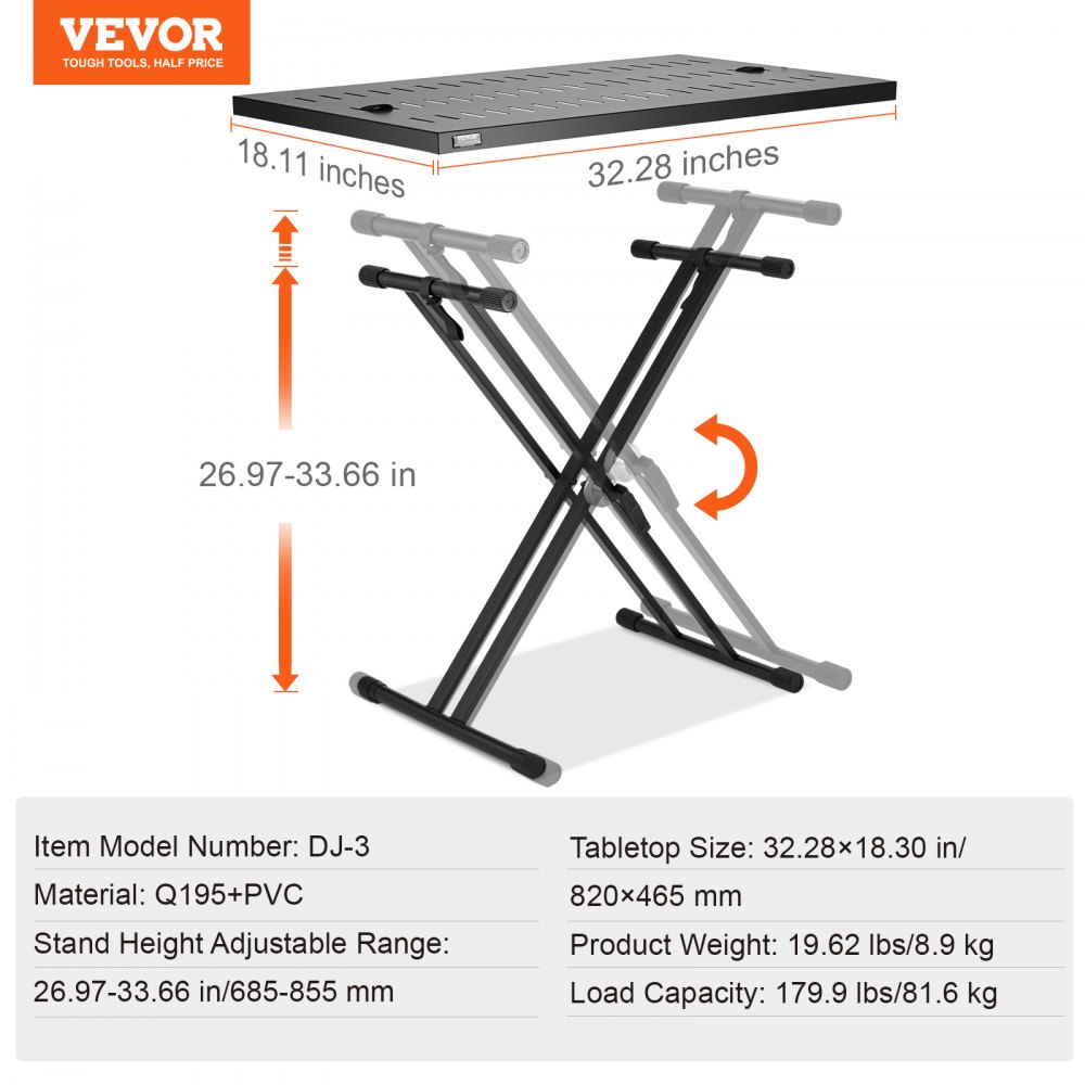 VEVOR Mesa para DJ con Soporte Portátil para Computadora Portátil y Controlador de DJ Cabina para DJ Altura Ajustable Soporte para Teclado y Tablero Plegable en X para Mezclador de Audio, 820x495 mm