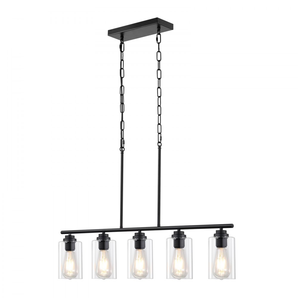 VEVOR Luces colgantes de isla de cocina de 5 luces, 60 W, lámpara de comedor ajustable con pantalla de vidrio transparente, 4 varillas, 2 cadenas de metal, candelabros lineales de granja con marco de metal para comedor, E27