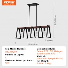 VEVOR Luces Colgantes de Isla de Cocina de 4 Luces 60W Luz de Comedor Ajustable