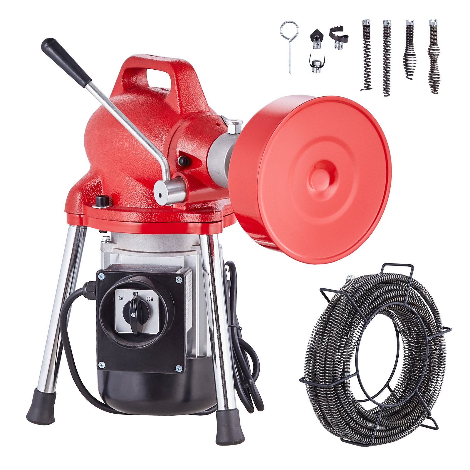 VEVOR Pipe Cleaning Machine 66 ft x 5/8 in, 250 W Electric Pipe Cleaning Machine with Manual Feed – with 2 Steel Cables, 7 Cutters and CW/CCW Control for 1.6" to 4" Pipes