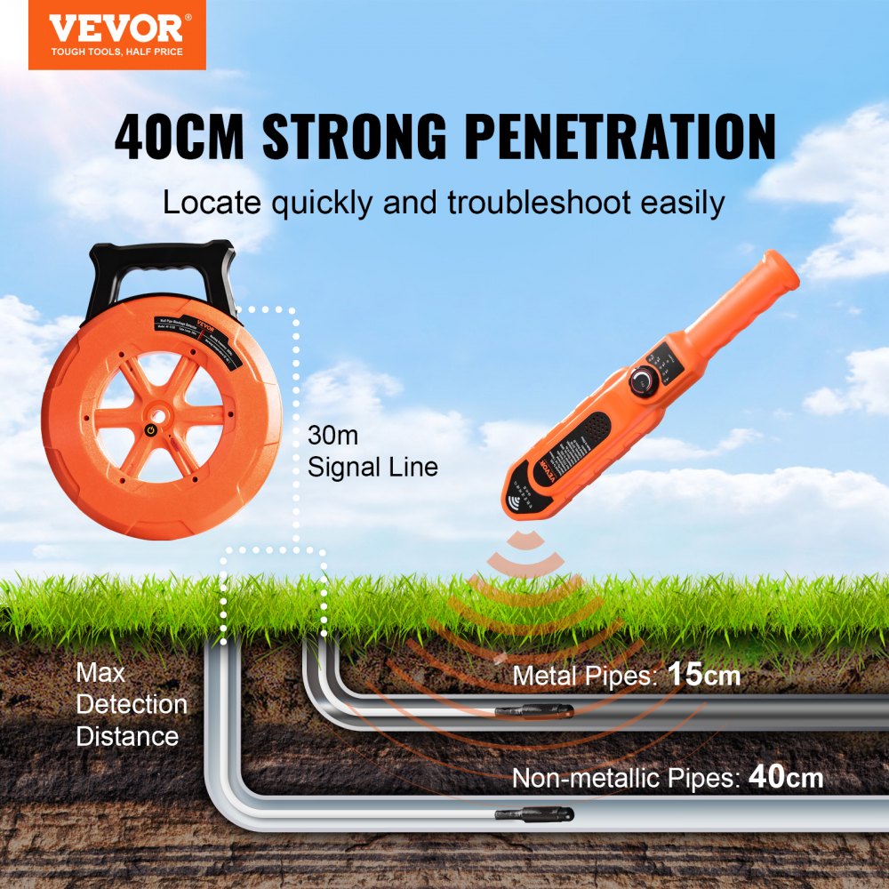 VEVOR Detector de bloqueo de tuberías Localizadores de tuberías 30m Impermeable IP67 Sensibilidad ajustable Escáner de pared de alcantarillado Herramienta de plomería para tubos de metal plástico PVC