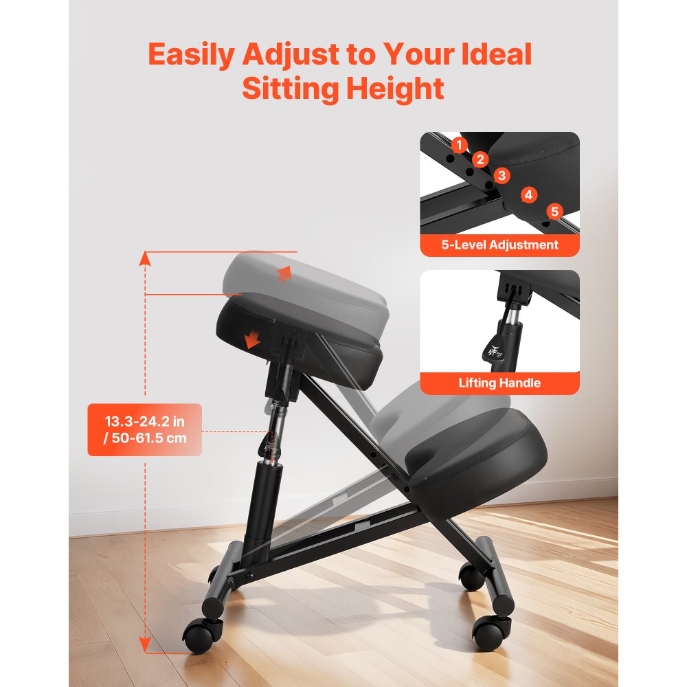 VEVOR Silla Ergonómica de Rodillas con Ruedas, Taburete para Rodillas Postura en Forma de X con Altura Ajustable y Cojines de Espuma Gruesa, Relajarse de Cuello y Espalda para Hogar, Oficina, Negro
