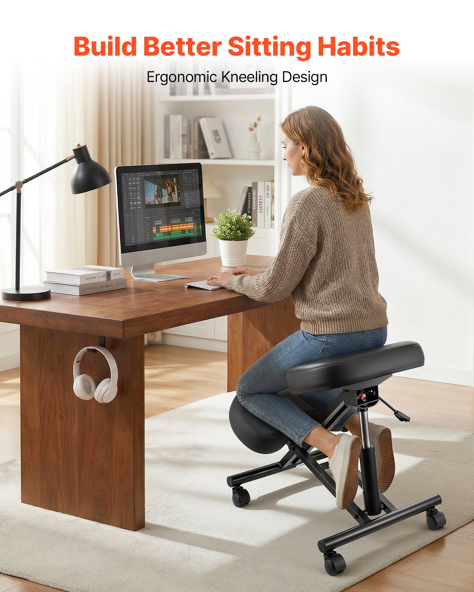 VEVOR Silla Ergonómica de Rodillas con Ruedas, Taburete para Rodillas Postura en Forma de X con Altura Ajustable y Cojines de Espuma Gruesa, Relajarse de Cuello y Espalda para Hogar, Oficina, Negro