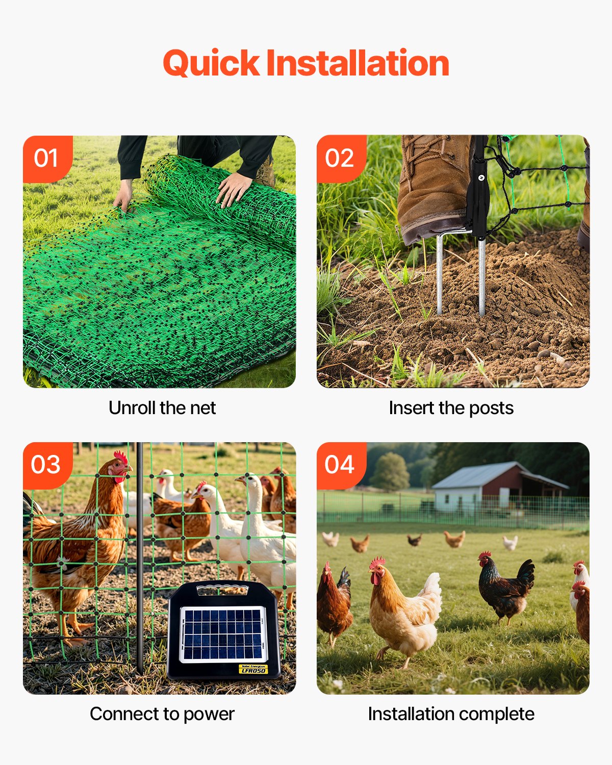 VEVOR Kit de red para cerca eléctrica, cerca de red de PE de 1,21 x 30,48 m con postes y estacas de doble púa, malla utilitaria portátil para pollos, patos, gansos, conejos, en patios, granjas