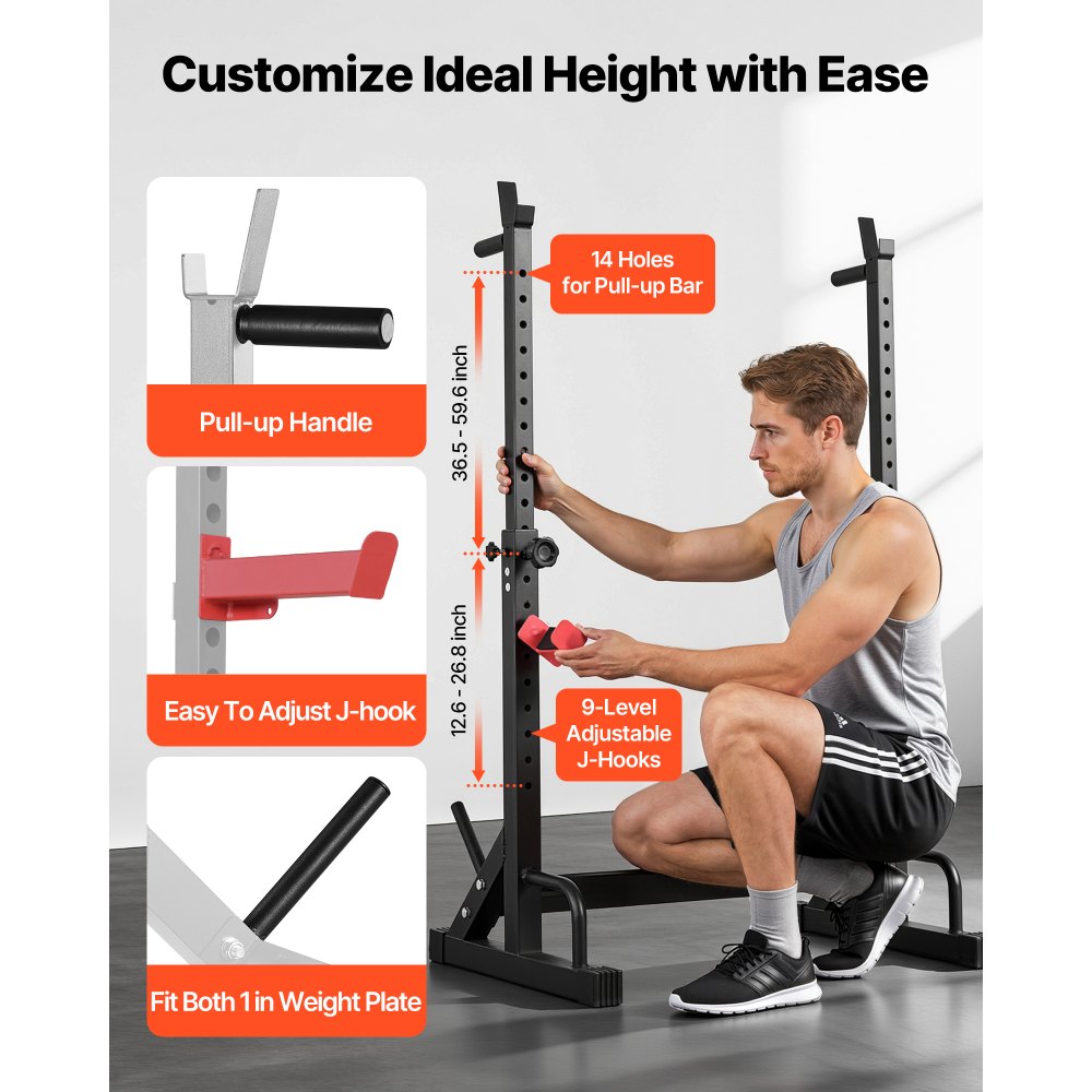 VEVOR Jaula de Potencia para Sentadillas Multifuncional, con Altura y Ancho Ajustables, Equipo de Entrenamiento de Fuerza de 250 kg con Soportes para Barras y Ganchos en J, 600 x 1070 x 1515 mm