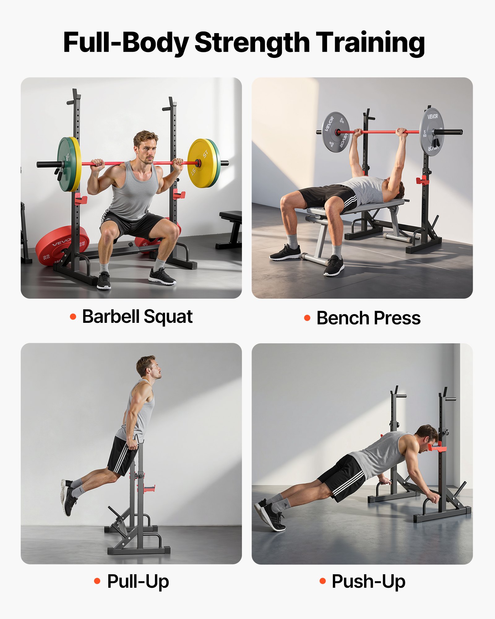 VEVOR Jaula de Potencia para Sentadillas Multifuncional, con Altura y Ancho Ajustables, Equipo de Entrenamiento de Fuerza de 250 kg con Soportes para Barras y Ganchos en J, 600 x 1070 x 1515 mm