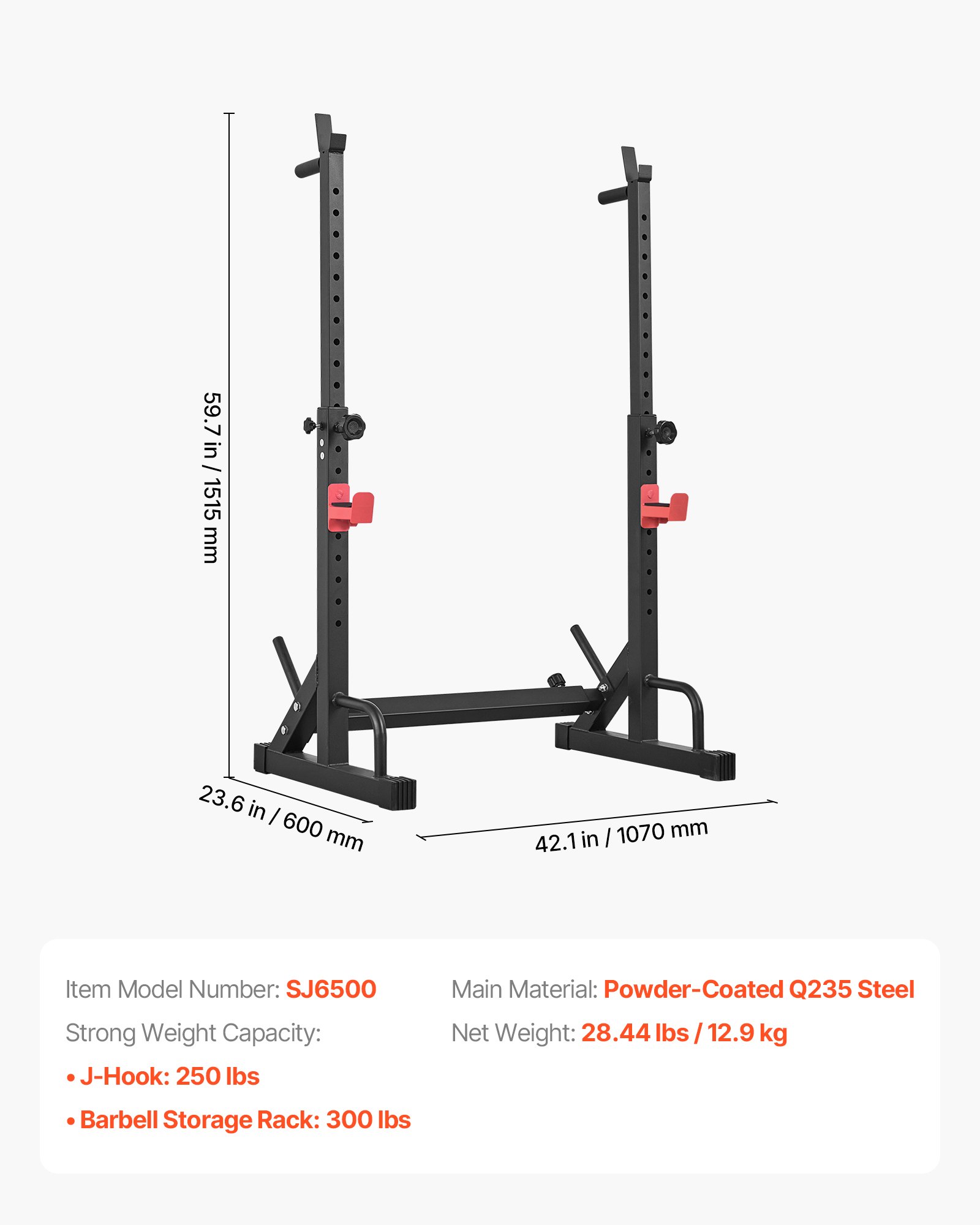 VEVOR Jaula de Potencia para Sentadillas Multifuncional, con Altura y Ancho Ajustables, Equipo de Entrenamiento de Fuerza de 250 kg con Soportes para Barras y Ganchos en J, 600 x 1070 x 1515 mm