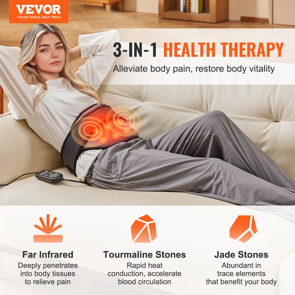 VEVOR Far Infrared Heating Pads, 10 Natural Jade and 10 Tourmaline Stone Heating Pads for Pain Relief, 103-159°F Infrared Heating Belt with 3-Level Vibration Massage for Waist, Lumbar Spine and Abdomen, Ideal Gift