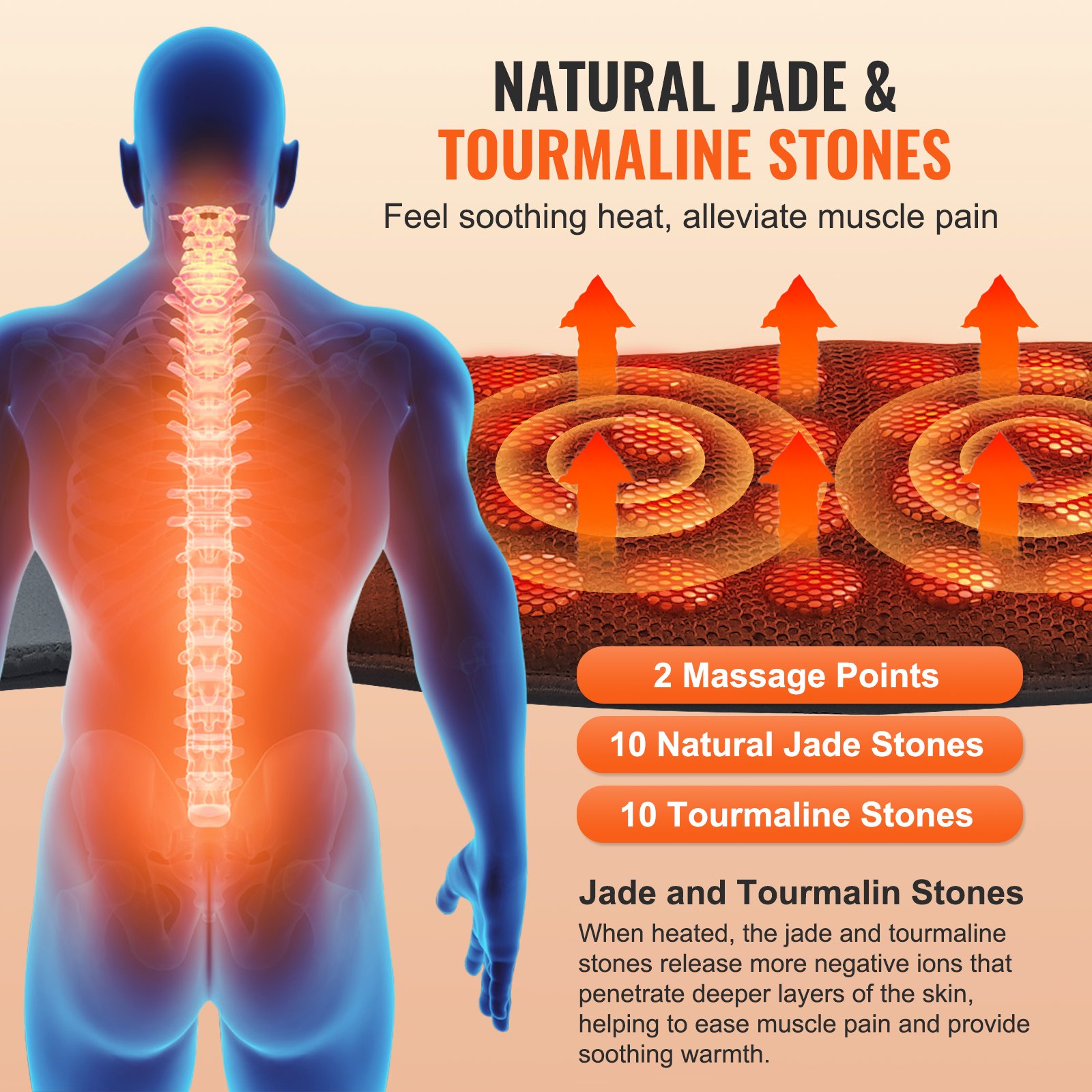 VEVOR Far Infrared Heating Pads, 10 Natural Jade and 10 Tourmaline Stone Heating Pads for Pain Relief, 103-159°F Infrared Heating Belt with 3-Level Vibration Massage for Waist, Lumbar Spine and Abdomen, Ideal Gift