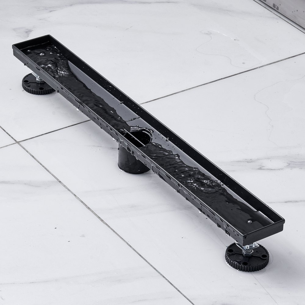 VEVOR Sifón de suelo 609x70 mm Desagüe de ducha italiano lineal Rejilla cuadrada Acero inoxidable 304 cepillado 42,5 L/min Filtro de restos de cabello Desagüe de suelo rectangular con patas, Negro