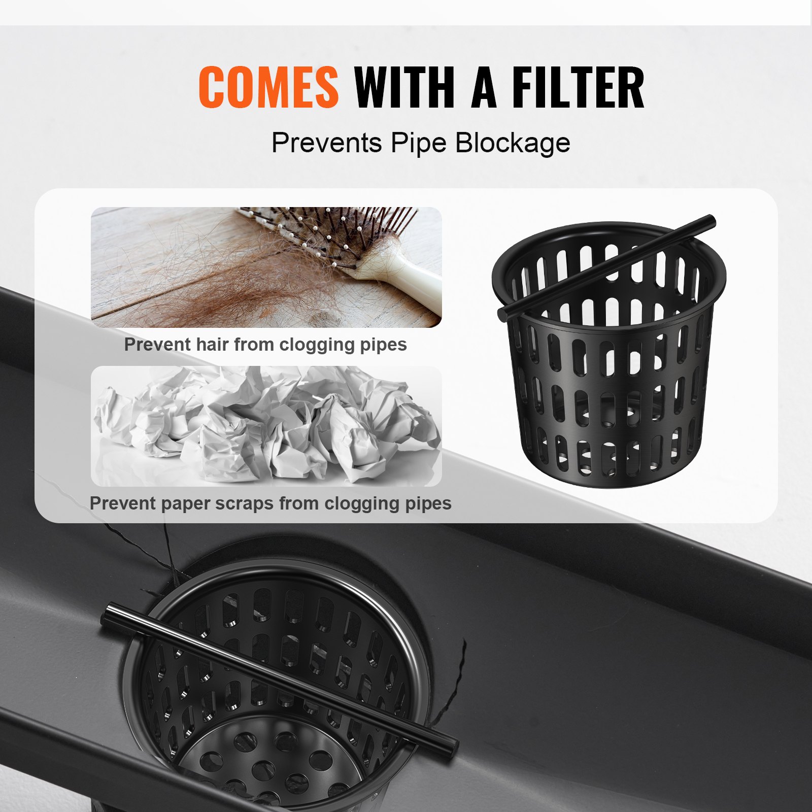 VEVOR Shower Channel 609 x 70 x 70 mm Floor Drain 42.5 L/min Drain Channel Stainless Steel 304 Offset Shower Drain with Tile Insert Rectangular Shower Floor Drain Elegant Drain with Hair Catcher Black