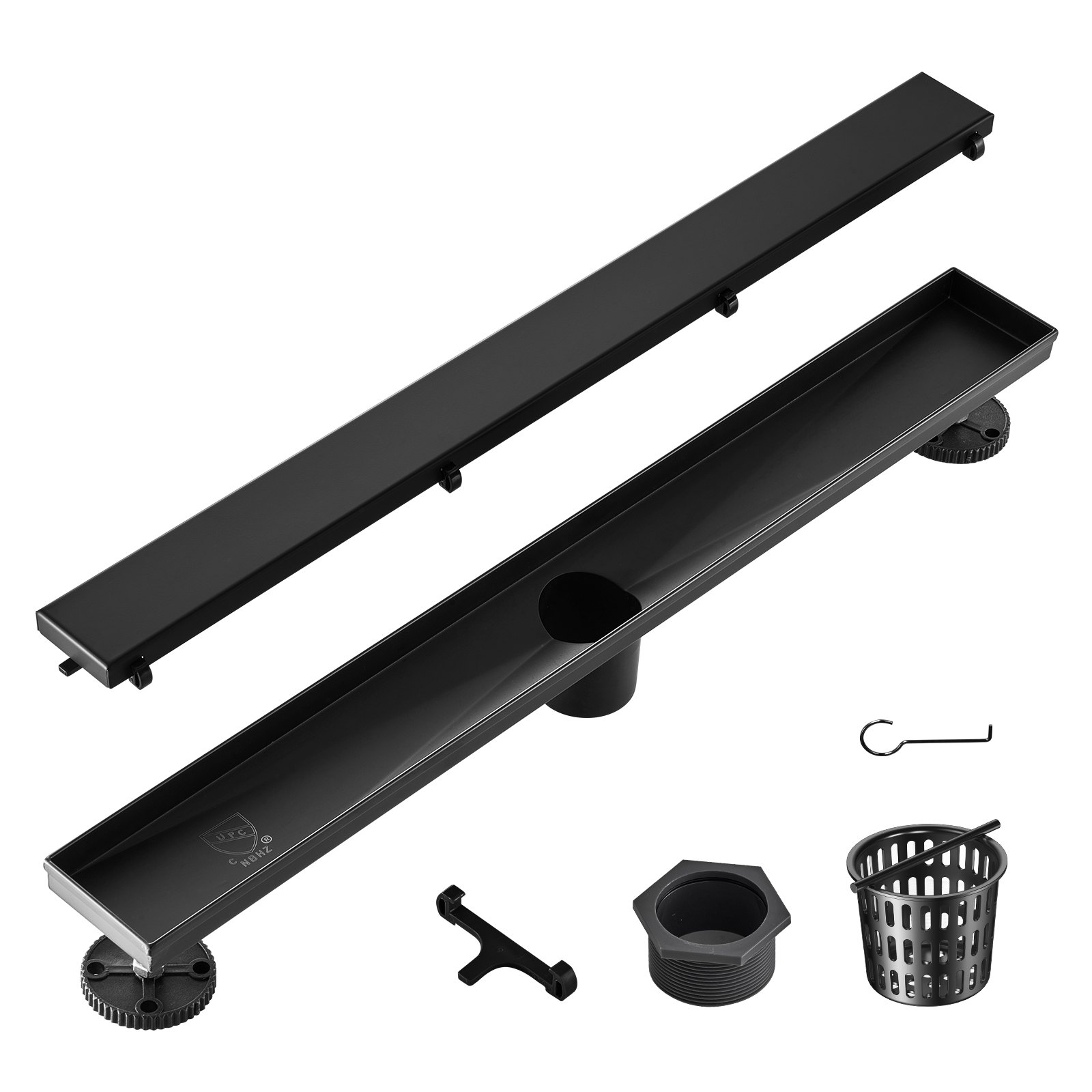 VEVOR Shower Channel 609 x 70 x 70 mm Floor Drain 42.5 L/min Drain Channel Stainless Steel 304 Offset Shower Drain with Tile Insert Rectangular Shower Floor Drain Elegant Drain with Hair Catcher Black