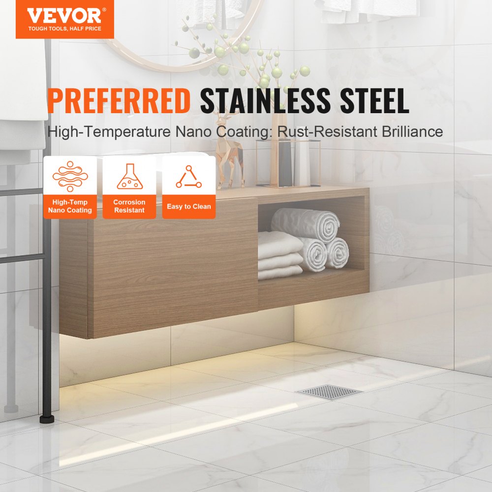 VEVOR Desagüe de Suelo 152,5x152,5 mm Desagüe de Ducha Italiano con Rejilla Cuadrada de Acero Inoxidable Cepillado 304 Filtro de Desechos de Cabello 48 L/min, Desagüe de Suelo con Patas, Plata
