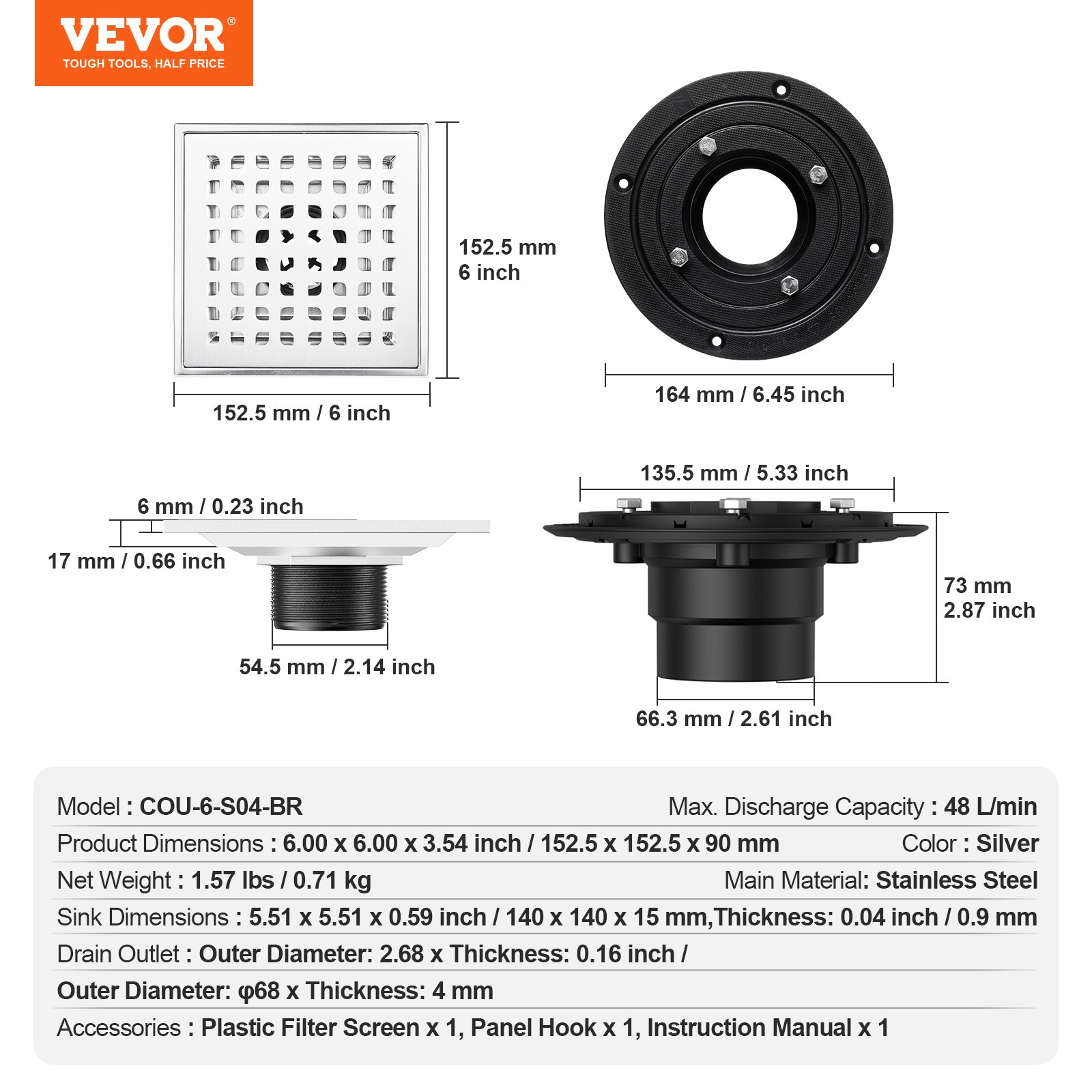 VEVOR Desagüe de Suelo 152,5x152,5 mm Desagüe de Ducha Italiano con Rejilla Cuadrada de Acero Inoxidable Cepillado 304 Filtro de Desechos de Cabello 48 L/min, Desagüe de Suelo con Patas, Plata