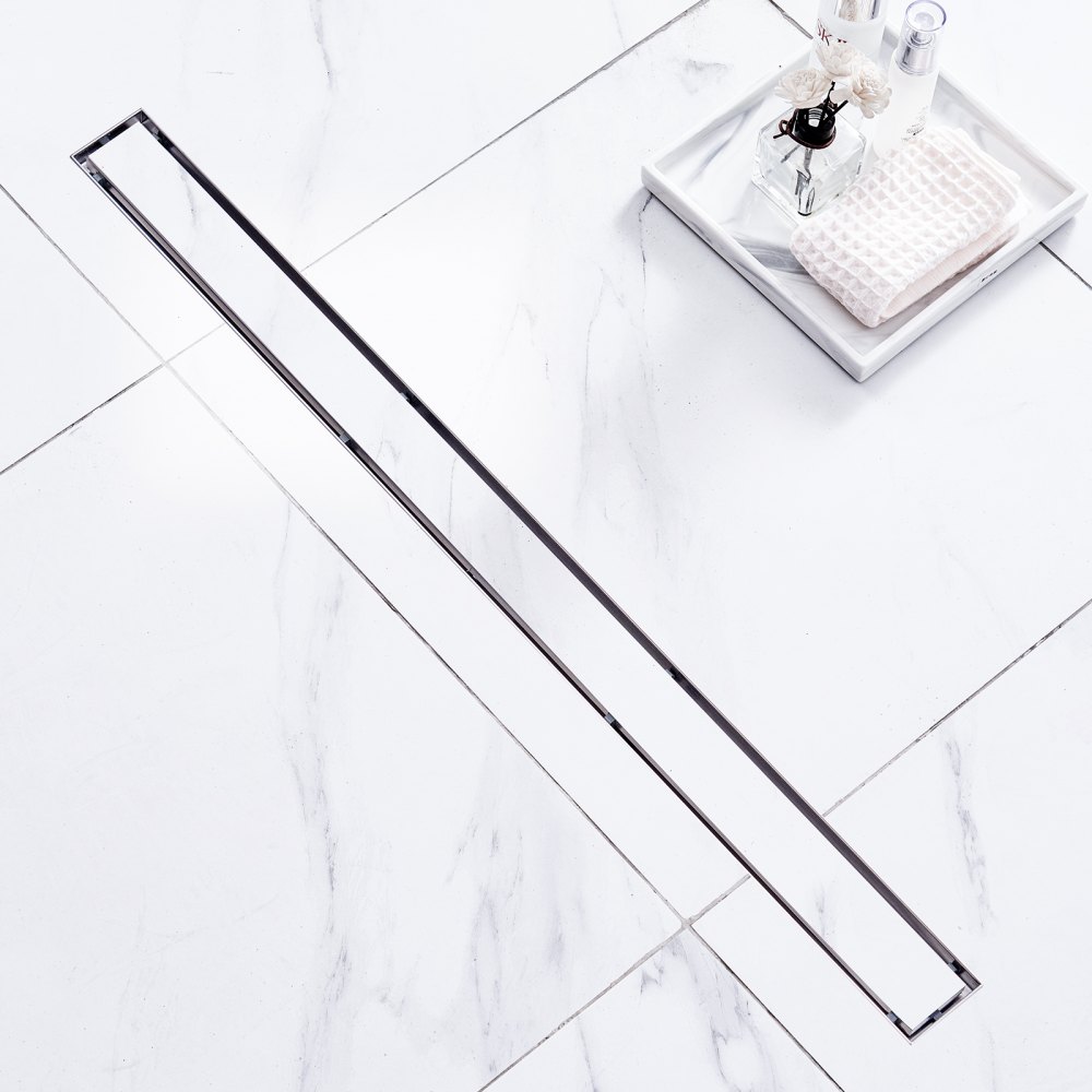 VEVOR Sifón de Suelo 914x70 mm Desagüe de Ducha Italiano Lineal con Tapa para Inserción en Azulejos Filtro de Pelo de Acero Inoxidable 304 Cepillado Desagüe de Suelo Rectangular con Pies, Plata