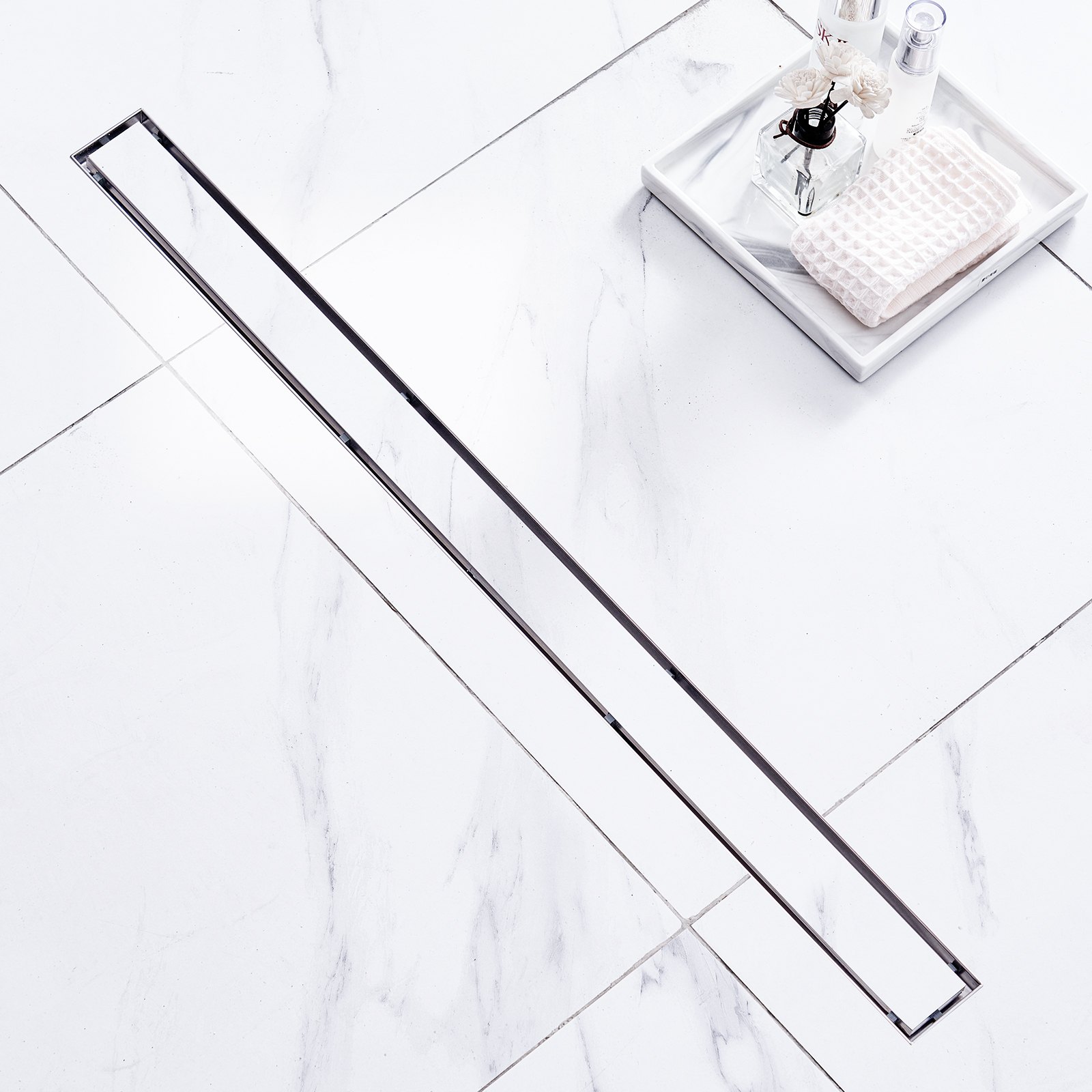 VEVOR Sifón de Suelo 914x70 mm Desagüe de Ducha Italiano Lineal con Tapa para Inserción en Azulejos Filtro de Pelo de Acero Inoxidable 304 Cepillado Desagüe de Suelo Rectangular con Pies, Plata