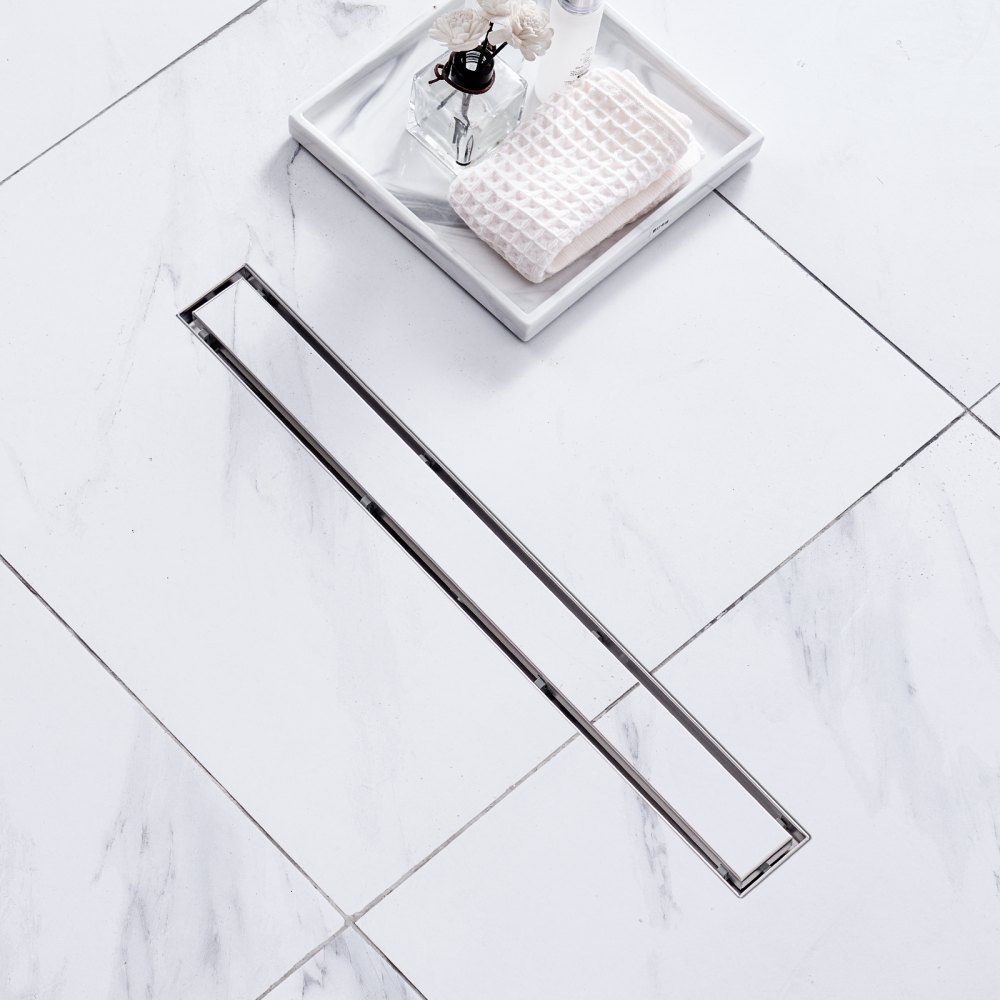 VEVOR Sifón de Suelo 609x70 mm Desagüe de Ducha Italiano Lineal con Tapa para Inserción en Azulejos Filtro de Pelo de Acero Inoxidable 304 Cepillado Desagüe de Suelo Rectangular con Patas, Plata