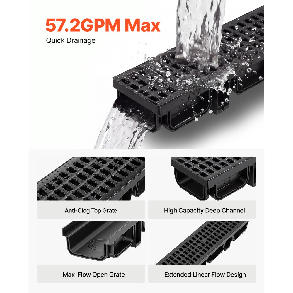 VEVOR Canal Lineal de Drenaje de HDPE de 510 x 140 x 90 mm, Paquete de 6, Canaleta de Desagüe con Rejillas y Tapas, Soporta hasta 1500 kg, para Jardín Piscina Patio Garaje, Sistema de Drenaje Exterior