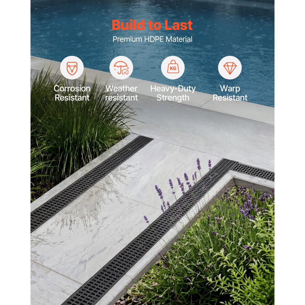 VEVOR Canal Lineal de Drenaje de HDPE de 510 x 140 x 90 mm, Paquete de 6, Canaleta de Desagüe con Rejillas y Tapas, Soporta hasta 1500 kg, para Jardín Piscina Patio Garaje, Sistema de Drenaje Exterior
