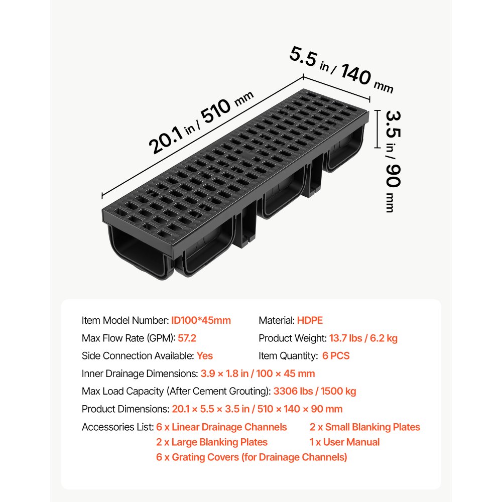VEVOR Canal Lineal de Drenaje de HDPE de 510 x 140 x 90 mm, Paquete de 6, Canaleta de Desagüe con Rejillas y Tapas, Soporta hasta 1500 kg, para Jardín Piscina Patio Garaje, Sistema de Drenaje Exterior