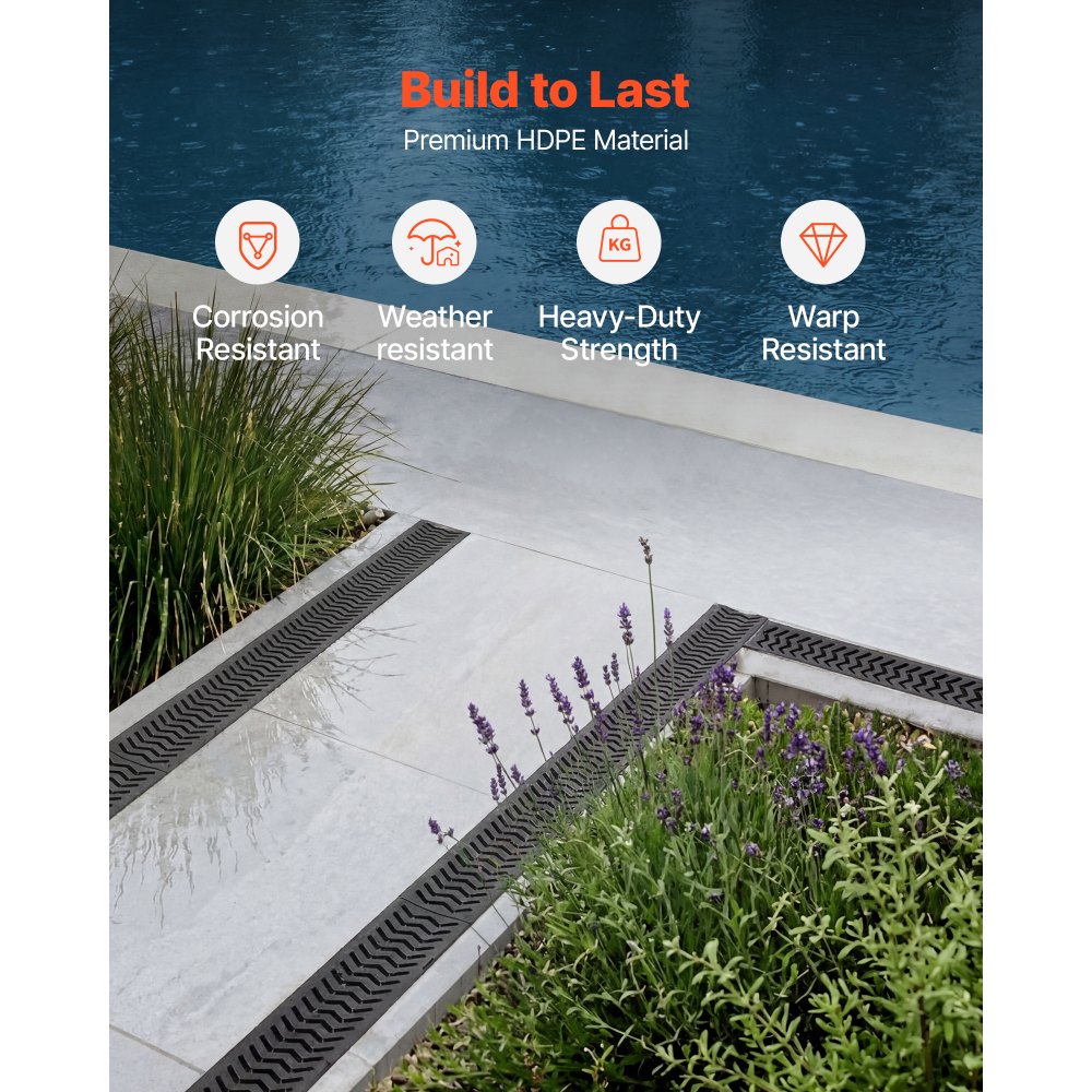 VEVOR Canal Lineal de Drenaje de HDPE de 1005 x 103 x 62 mm, Paquete de 5, Canaleta de Desagüe con Rejillas y Tapas, Soporta hasta 1500 kg, Sistema de Drenaje Exterior para Piscina Jardín Garaje Patio