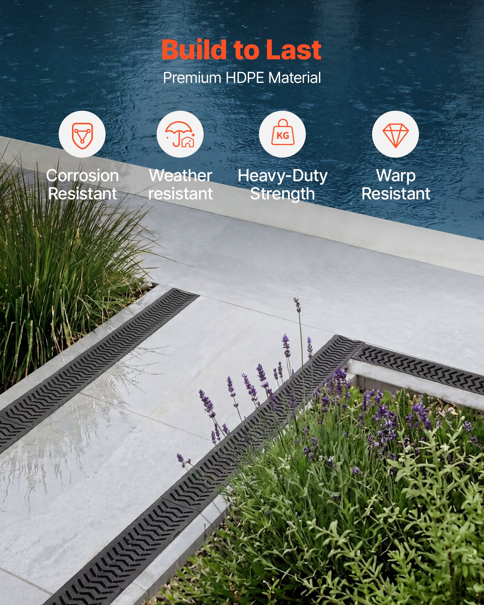 VEVOR Canal Lineal de Drenaje de HDPE de 1005 x 103 x 62 mm, Paquete de 5, Canaleta de Desagüe con Rejillas y Tapas, Soporta hasta 1500 kg, Sistema de Drenaje Exterior para Piscina Jardín Garaje Patio