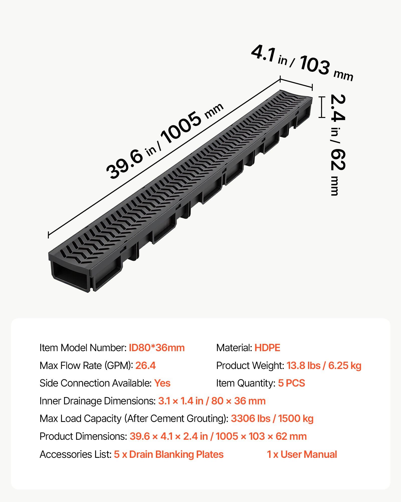 VEVOR Canal Lineal de Drenaje de HDPE de 1005 x 103 x 62 mm, Paquete de 5, Canaleta de Desagüe con Rejillas y Tapas, Soporta hasta 1500 kg, Sistema de Drenaje Exterior para Piscina Jardín Garaje Patio