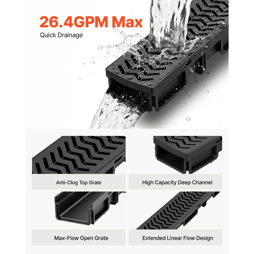 VEVOR Canal Lineal de Drenaje de HDPE de 1005 x 103 x 62 mm, Paquete de 6, Canaleta de Desagüe con Tapas y Rejillas, Soporta hasta 1500 kg, Sistema de Drenaje Exterior para Piscina Jardín Patio Garaje