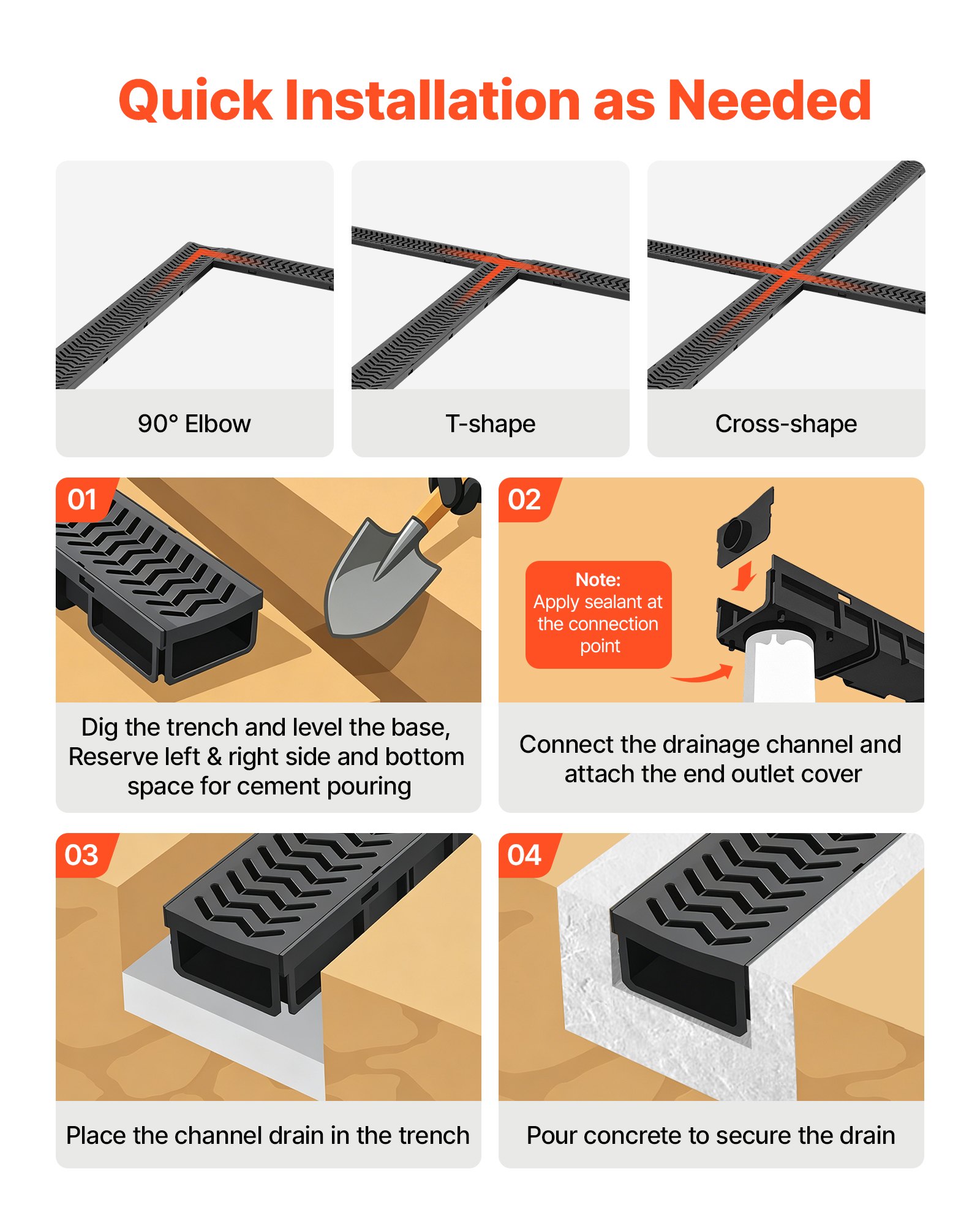 VEVOR Canal Lineal de Drenaje de HDPE de 1005 x 103 x 62 mm, Paquete de 6, Canaleta de Desagüe con Tapas y Rejillas, Soporta hasta 1500 kg, Sistema de Drenaje Exterior para Piscina Jardín Patio Garaje