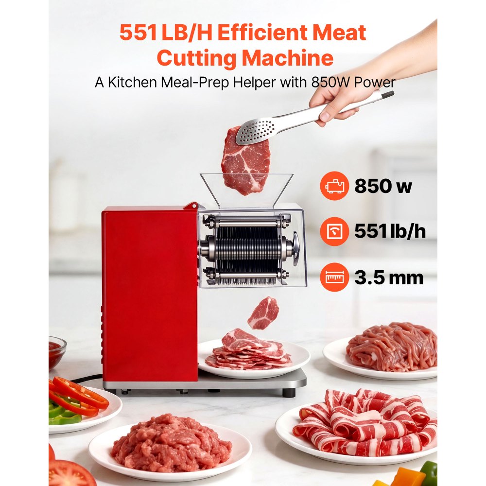 VEVOR Cortadora de Carne Comercial 850 W, Cortadora Eléctrica 250 kg/h, con Cuchilla de Acero Inoxidable de 3,5 mm para Carne Deshuesada y Verduras Blandas, para Cocina, Restaurante, Supermercado