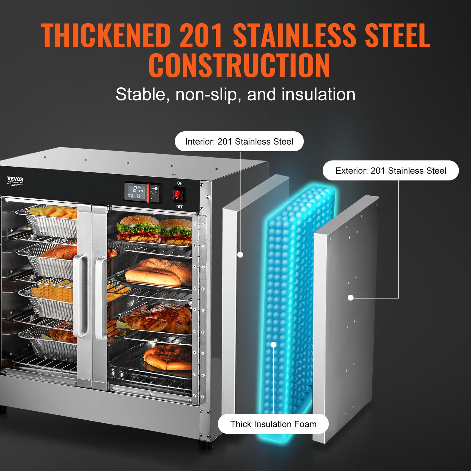 VEVOR Hot Box Food Warmer, 4-Tier Snack Warmer with Water Tray, 4 Pans, Double Glass Door, and Adjustable Shelves, Stainless Steel Food Warming Cabinet, Ideal for Storing Pizza