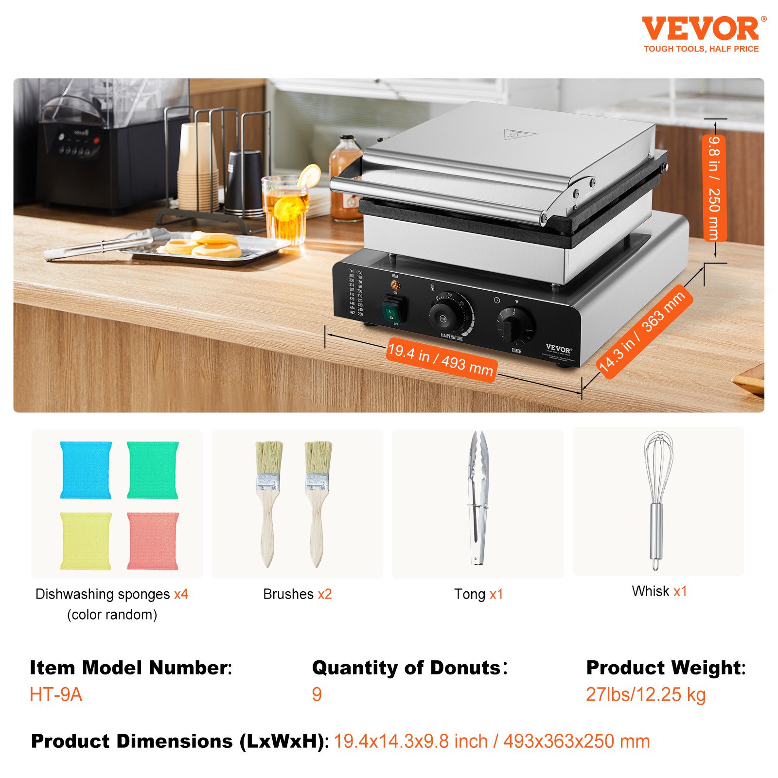 VEVOR Electric Donut Maker, 2 kW Commercial Donut Machine with Non-Stick Coating, 9 Holes, Double-Sided Heating Waffle Machine for 9 Donuts, 50-300 °C, for Restaurants and Home Use